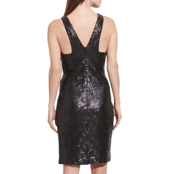 Ralph Lauren Sequin Geometric Sheath Dress V Back Black Midi, Size 8, NEW - Picture 2 of 9